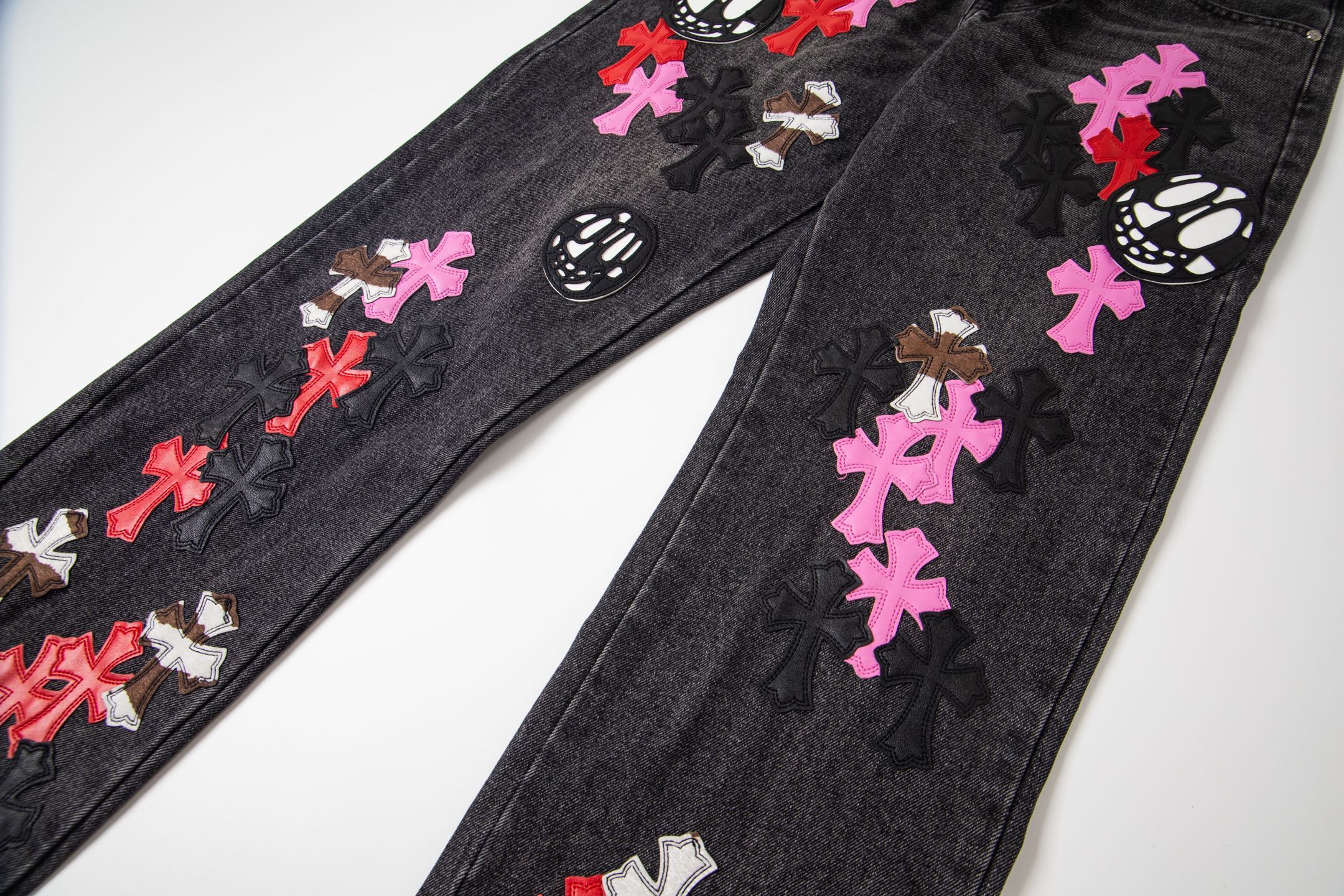 Chrome Hearts Multi Cross Patch Denim Jeans - Grey Gothic Street Pants 1111