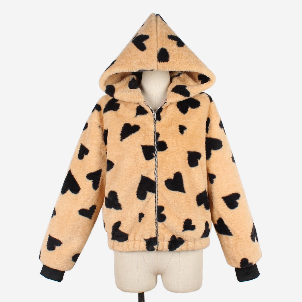 Women's Fur Jacket Fashion Love Pattern Plush Coat