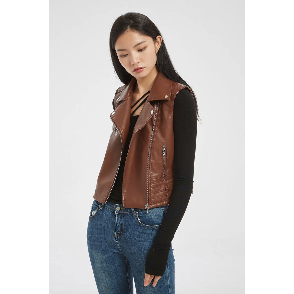 Women's Vest Slim Fit Short PU Leather Motorcycle Vest