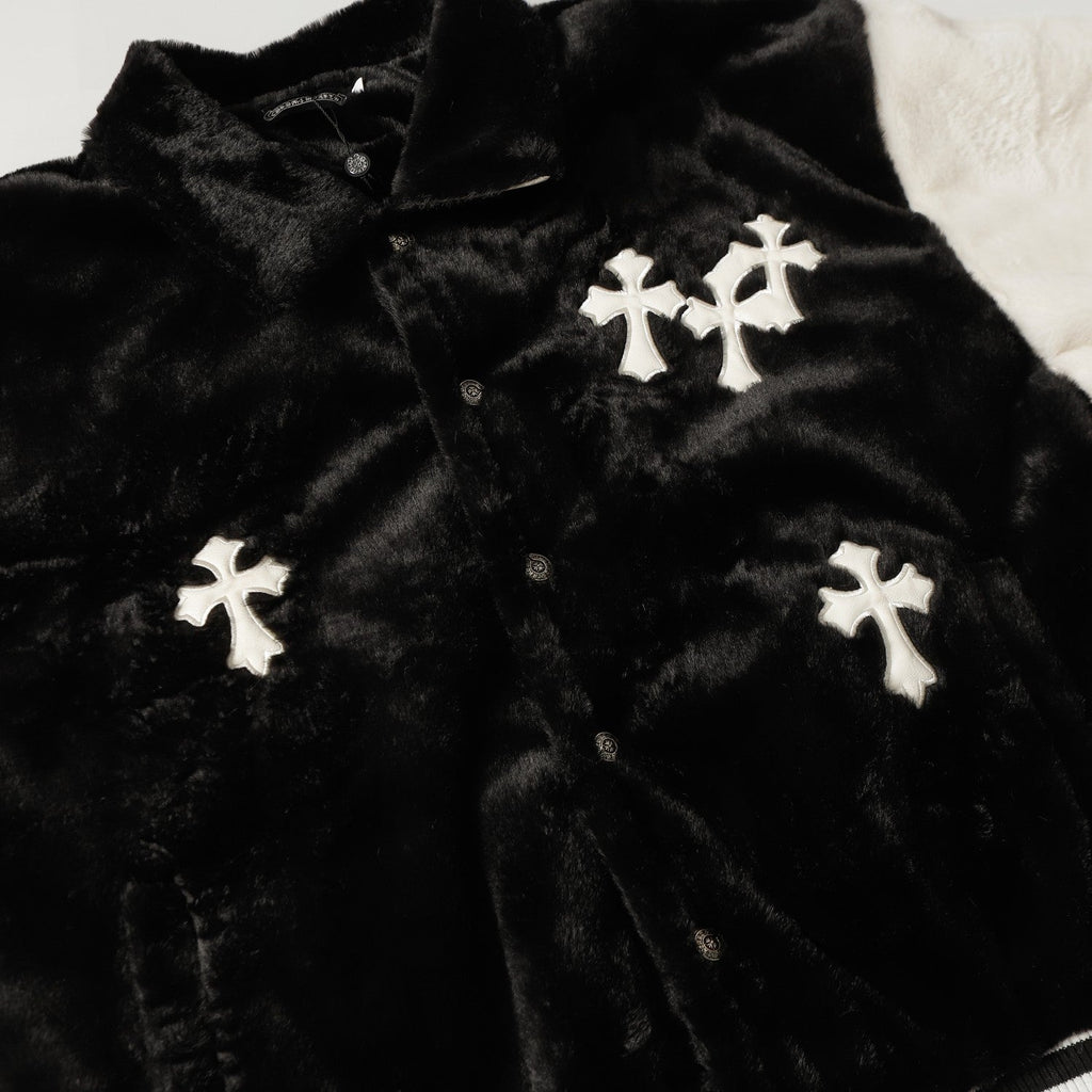 Chrome Hearts Faux Fur Cross Varsity Jacket - Black White Gothic Streetwear 035