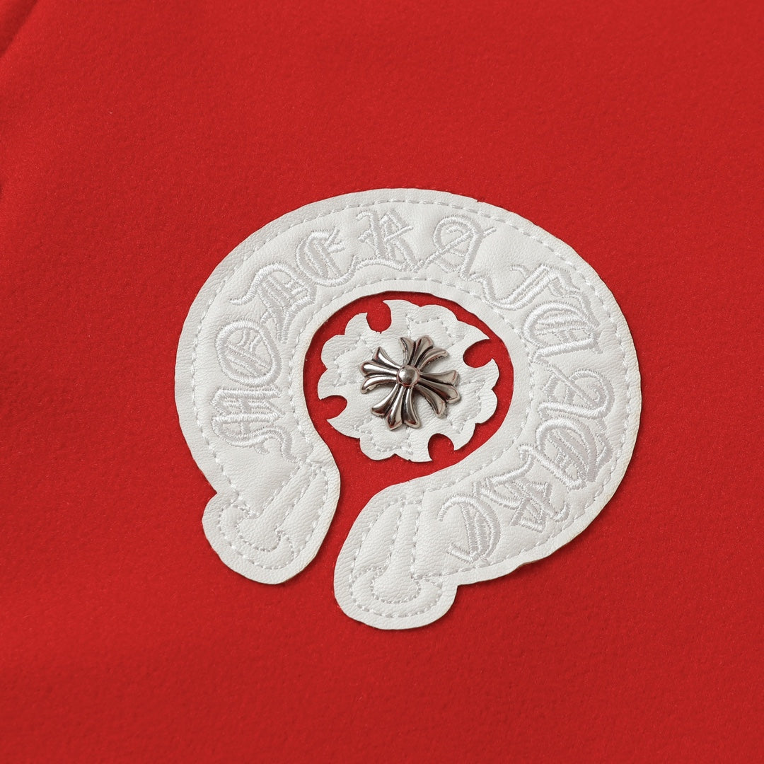 Chrome Hearts Red Cross Varsity Jacket - White Sleeve Gothic Street Baseball Coat D68