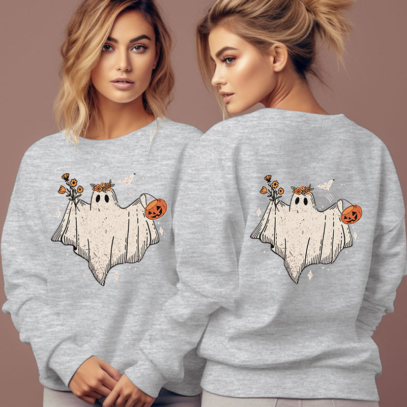 Women's Cartoon Halloween Hoodies Funny Flower Pumpkin Ghost