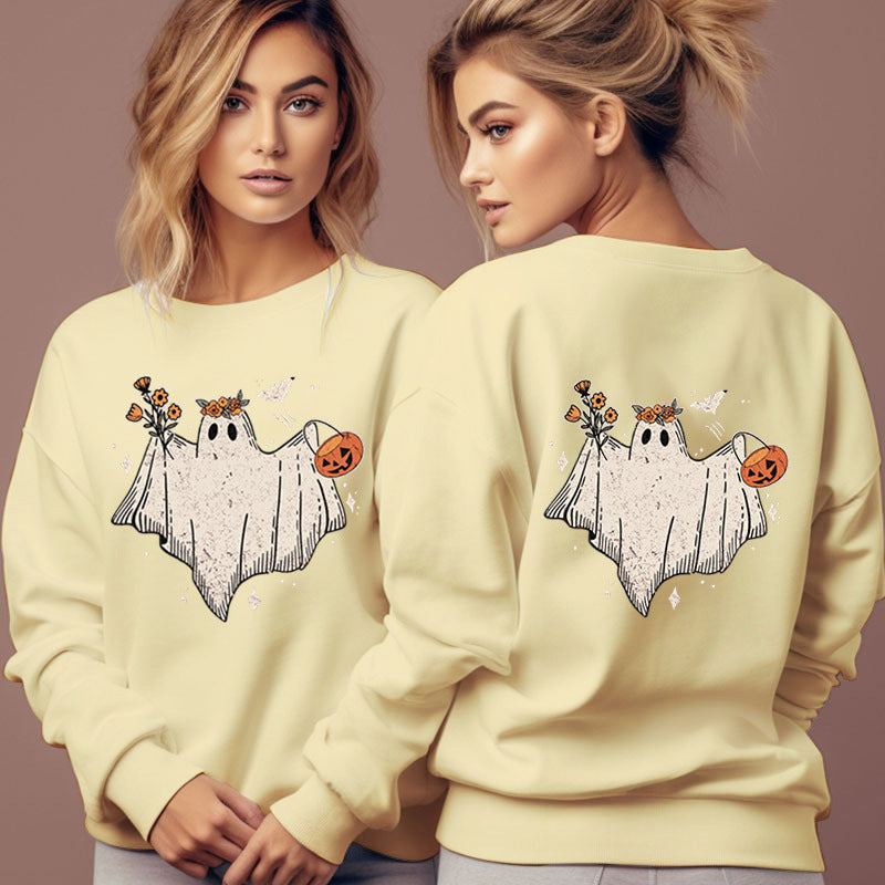 Women's Cartoon Halloween Hoodies Funny Flower Pumpkin Ghost