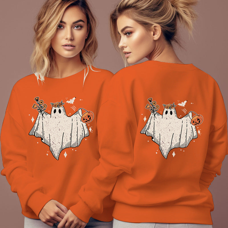 Women's Cartoon Halloween Hoodies Funny Flower Pumpkin Ghost