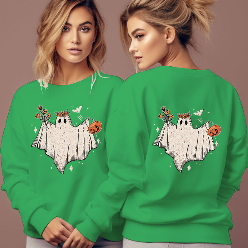 Women's Cartoon Halloween Hoodies Funny Flower Pumpkin Ghost