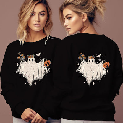 Women's Cartoon Halloween Hoodies Funny Flower Pumpkin Ghost