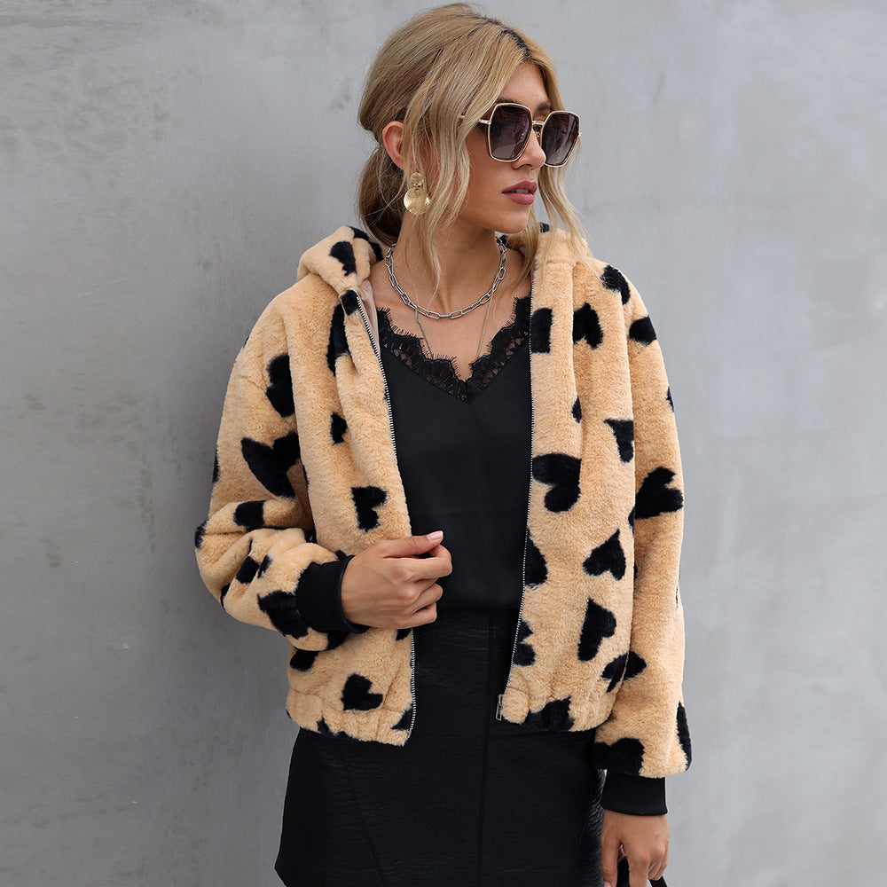Women's Fur Jacket Fashion Love Pattern Plush Coat