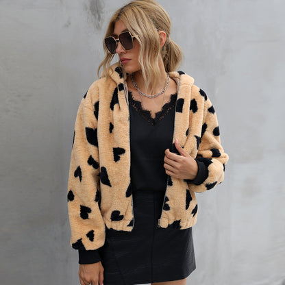 Women's Fur Jacket Fashion Love Pattern Plush Coat