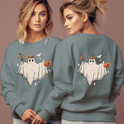Women's Cartoon Halloween Hoodies Funny Flower Pumpkin Ghost