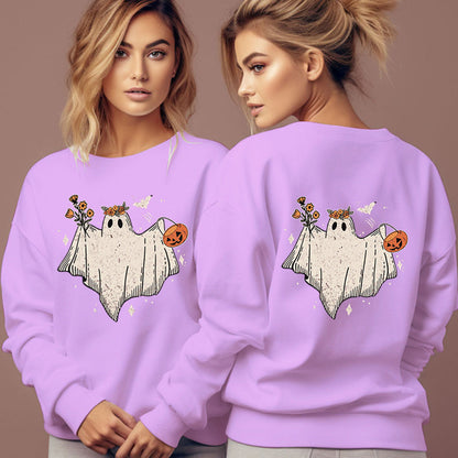 Women's Cartoon Halloween Hoodies Funny Flower Pumpkin Ghost
