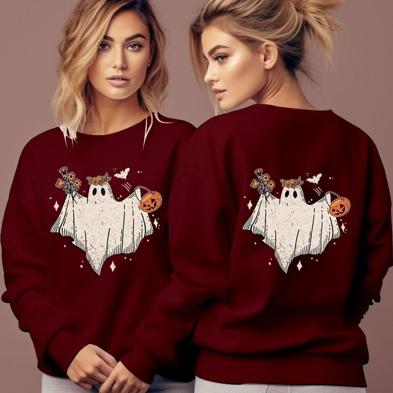 Women's Cartoon Halloween Hoodies Funny Flower Pumpkin Ghost