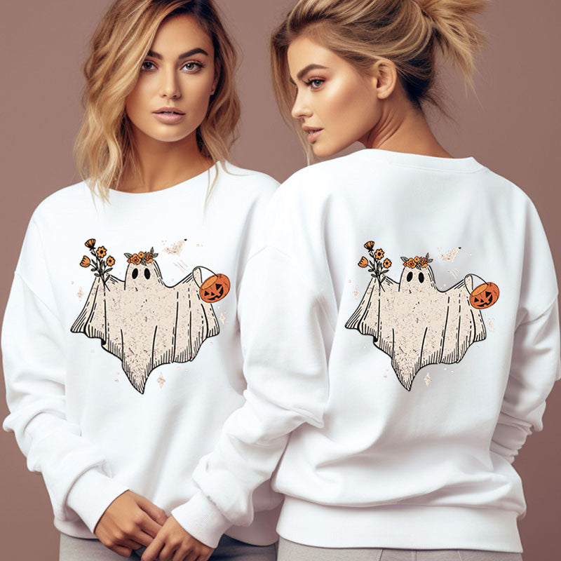 Women's Cartoon Halloween Hoodies Funny Flower Pumpkin Ghost