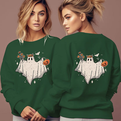Women's Cartoon Halloween Hoodies Funny Flower Pumpkin Ghost
