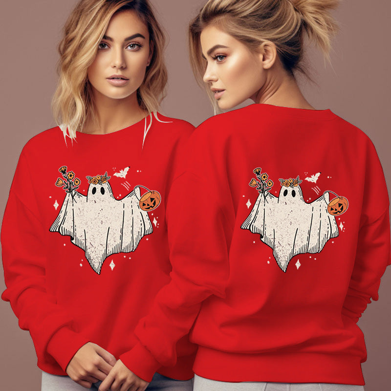 Women's Cartoon Halloween Hoodies Funny Flower Pumpkin Ghost