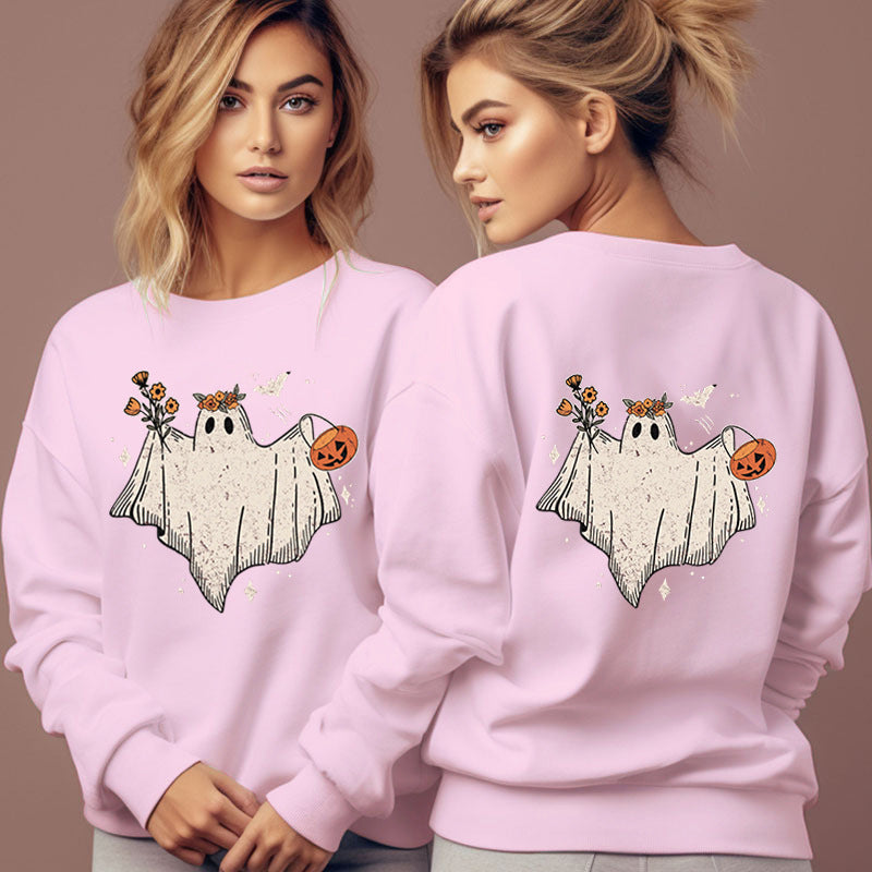 Women's Cartoon Halloween Hoodies Funny Flower Pumpkin Ghost