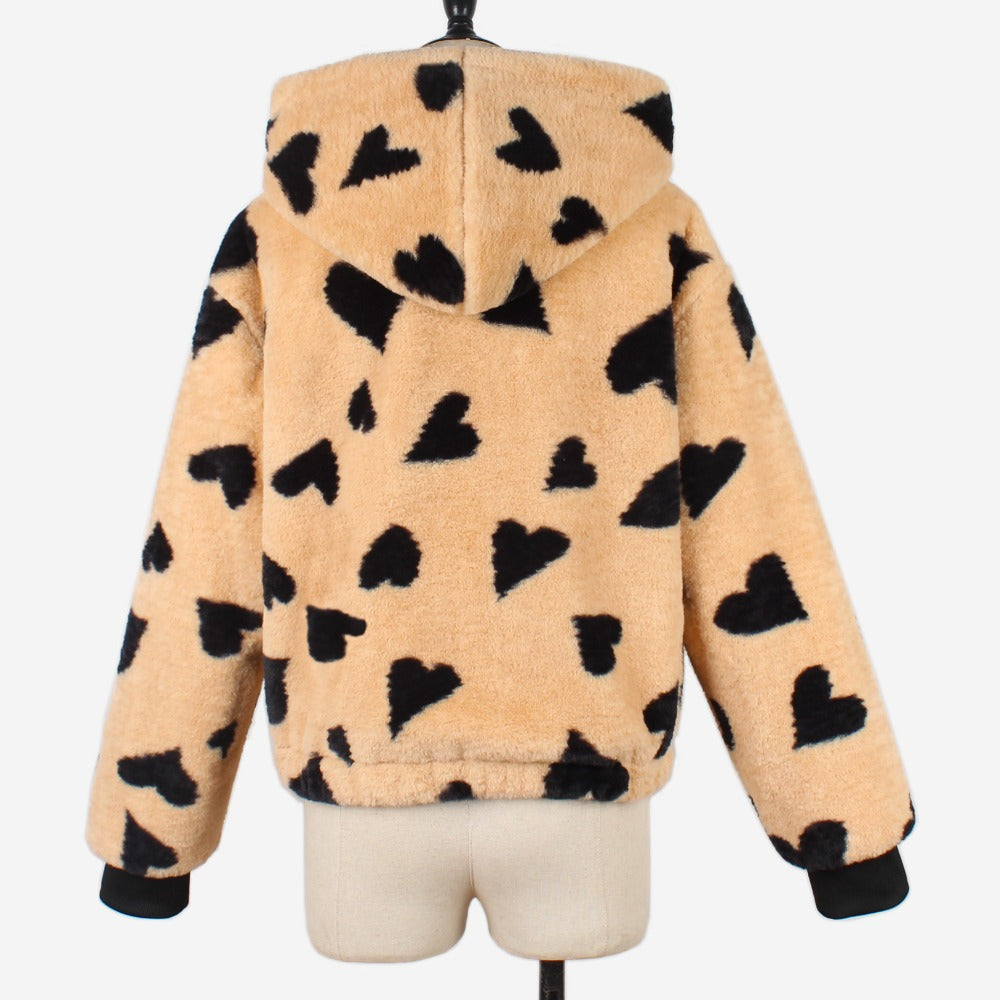 Women's Fur Jacket Fashion Love Pattern Plush Coat
