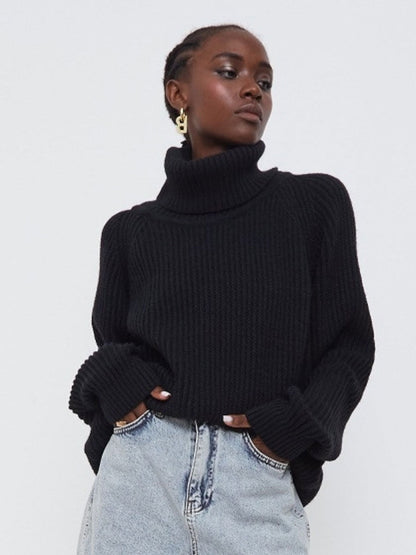 Women Work Business Casual Sweats Turtleneck Solid Color Loose Knitted Sweater
