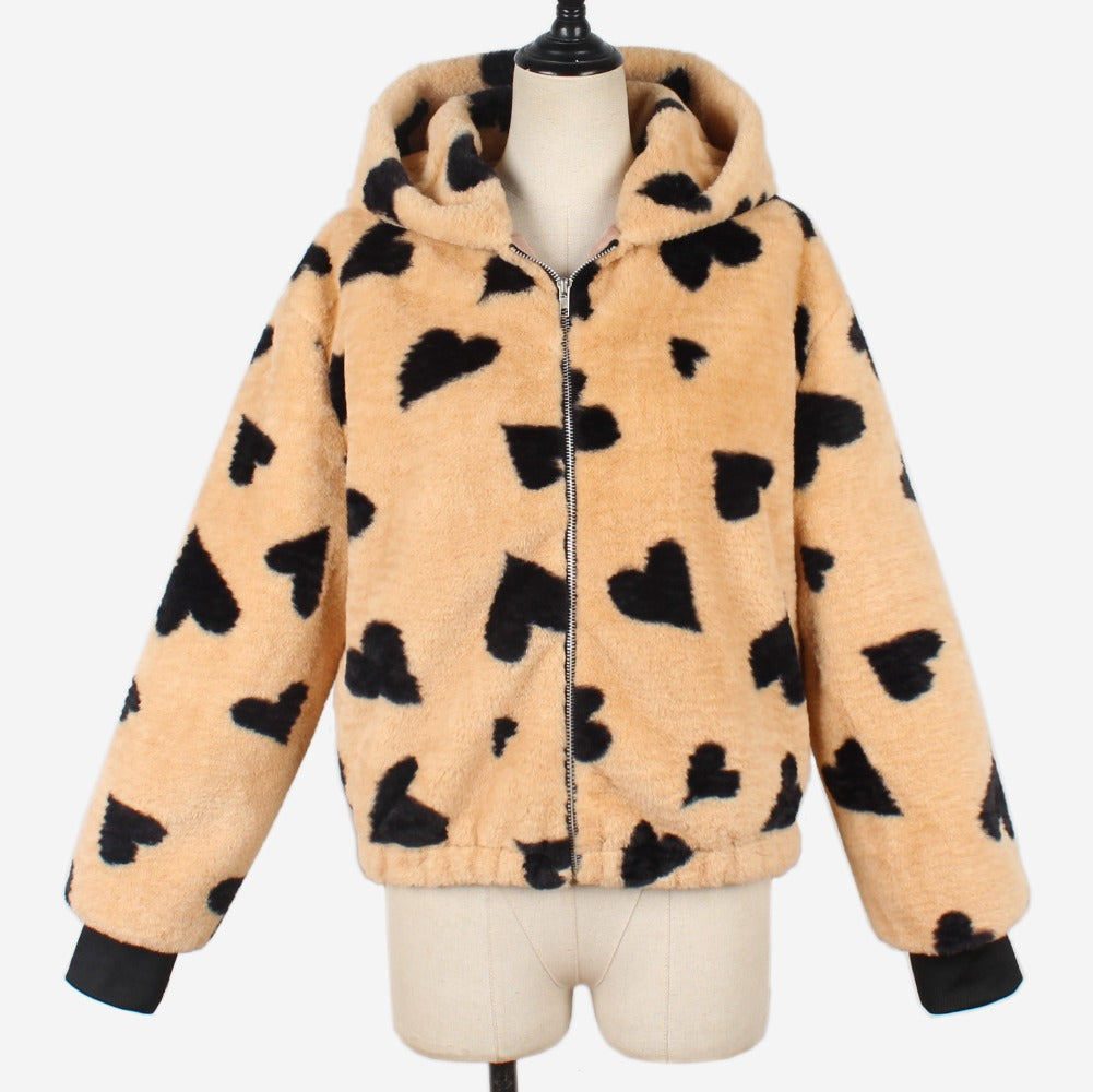 Women's Fur Jacket Fashion Love Pattern Plush Coat